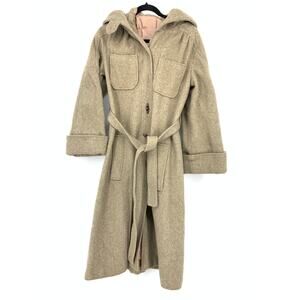 Vintage Wool Coat Womens Sz M Long Belted Hooded Tan Minimalist Winter Coat